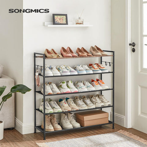 SONGMICS 5 Tier Shoe Rack Storage Organizer for 20-25 Pairs with 4 Hooks Rustic Brown LMR035B01