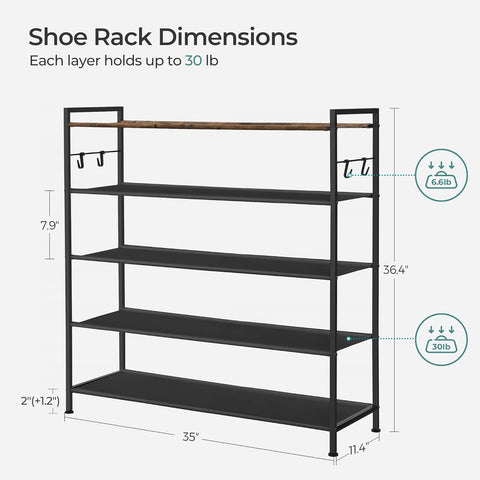SONGMICS 5 Tier Shoe Rack Storage Organizer for 20-25 Pairs with 4 Hooks Rustic Brown LMR035B01