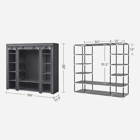 SONGMICS 150cm Portable Closet Organizer, Wardrobe with Shelves and Cover Gray