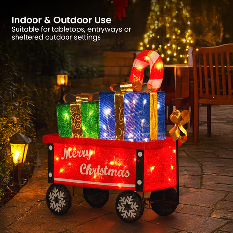Christabelle Christmas Cart Display w/Candy Cane & Presents Warm White LED Lights Wire Frame Structure Indoor & Outdoor