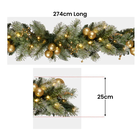 Christabelle 274cm Pre-lit Christmas Garland Gold Baubles Aa Battery Led Lights