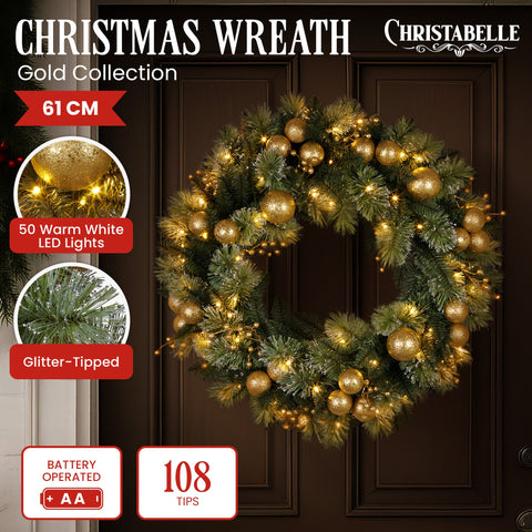 Christabelle 61cm Christmas Wreath Battery-operated Warm White Light Gold Bauble