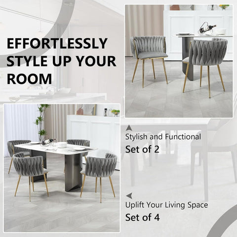 SERENITà Grey Modern Hand Weaving Dining Chairs,Velvet Upholstered Side Chairs with Gold Legs, Chic Vanity Chairs with Armrest, Accent Chair for Dining Room, and Cafe Set of 2
