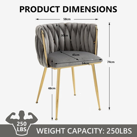SERENITà Grey Modern Hand Weaving Dining Chairs,Velvet Upholstered Side Chairs with Gold Legs, Chic Vanity Chairs with Armrest, Accent Chair for Dining Room, and Cafe Set of 2