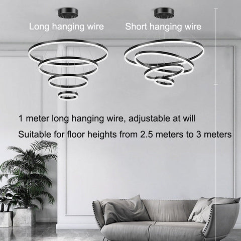 Black 4 Rings Minimalist LED Pendant Light Adjustable Circular Chandelier