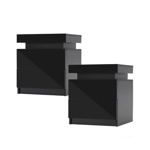 2X Bedside Table 2 Drawers RGB LED Bedroom Cabinet Nightstand Gloss AURORA BLACK