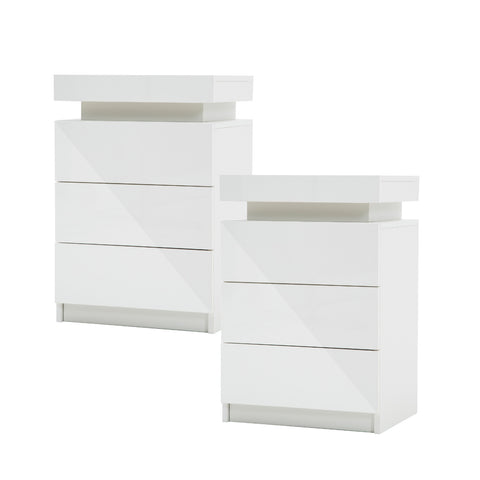 2X Bedside Table 3 Drawers RGB LED Bedroom Cabinet Nightstand Gloss GLORY WHITE