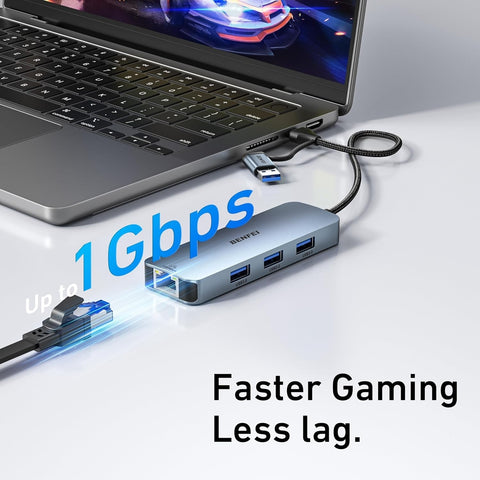 BENFEI 000386GY USB-C + USB 3.0 to Gigabit RJ45 + 3 Port USB 3.0 Hub Compatible with Mac