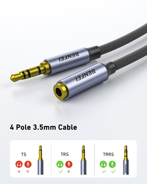 BENFEI 421GY 1M 3.5mm Male to Female AUX Extension Cable, TRRS 4-Pole Stereo Audio Jack Cord for Headphones, Microphone, Smartphones, PC, Laptop, Speakers