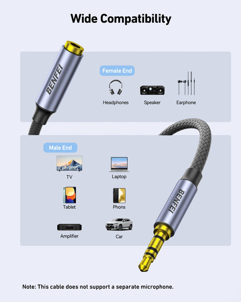 BENFEI 421GY 3M 3.5mm Male to Female AUX Extension Cable, TRRS 4-Pole Stereo Audio Jack Cord for Headphones, Microphone, Smartphones, PC, Laptop, Speakers