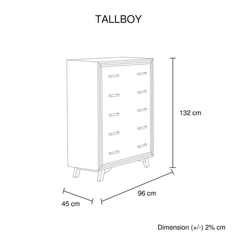 5 Pieces Bedroom Suite King Size Silver Brush in Acacia Wood Construction Bed, Bedside Table, Tallboy & Dresser