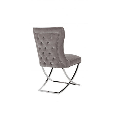 2x Dining Chairs Grey Fabric Upholstery Quilting Silver Color Legs