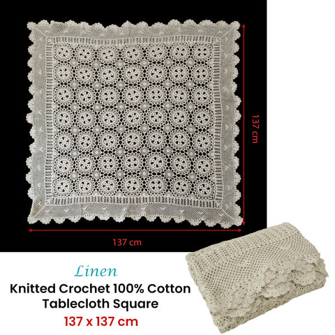 Linen Knitted Crochet Cotton Tablecloth Square 137 x 137cm Scalloped Edge 4-Seater