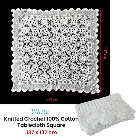 White Knitted Crochet Cotton Tablecloth Square 137 x 137 cm Scalloped Edging 4-Seater