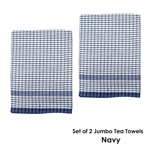 Hotel Living Set of 2 Jumbo Cotton Check Tea Towels 60x90cm Navy