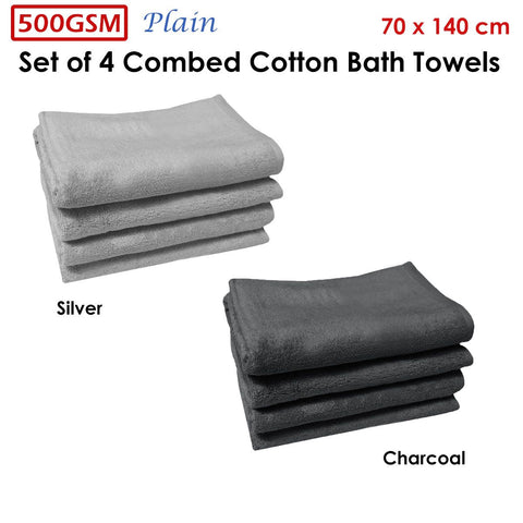 500GSM Set of 4 Combed Cotton Bath Towels Plain 70 x 140 cm Plain Charcoal