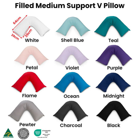 Easyrest Aus Made Medium Support Filled V Shape Pillow 64 x 39 cm Shell Blue