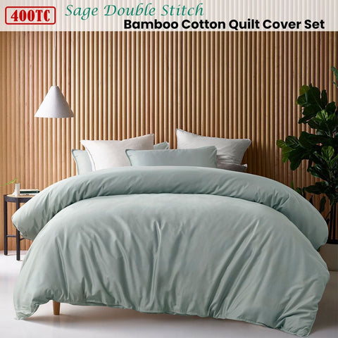 Accessorize 400TC Sage Bamboo Cotton Double Stitch Quilt Cover Set Double