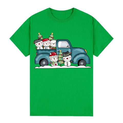 100% Cotton Christmas T-shirt Adult Unisex Tee Tops Funny Santa Party Custume, Car with Snowman (Green), S