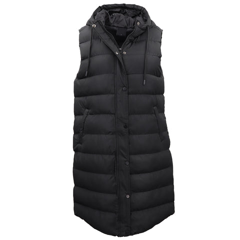Women's Longline Padded Vest Hooded Jacket Puffer Puffy Quilted Zip Coat Gilet, Black, 12