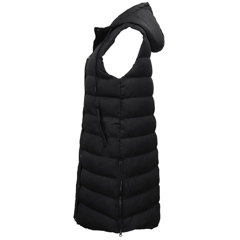 Women's Longline Padded Vest Hooded Jacket Puffer Puffy Quilted Zip Coat Gilet, Black, 12