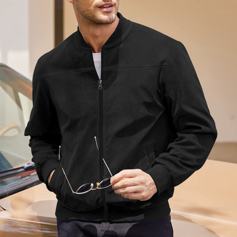 Men's Varsity Bomber Flight Jacket Breathable Windbreaker Zip Coat Faux Leather, Black, L