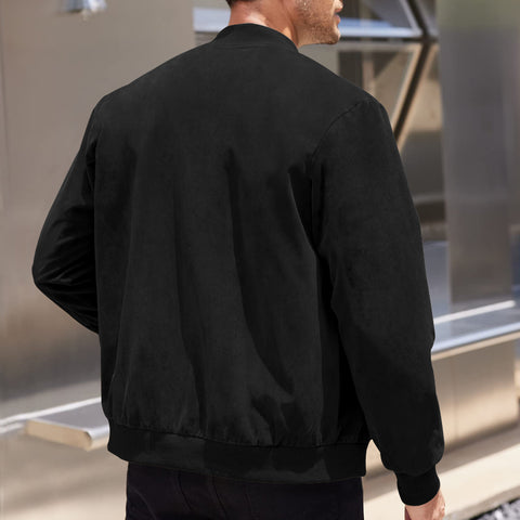 Men's Varsity Bomber Flight Jacket Breathable Windbreaker Zip Coat Faux Leather, Black, L