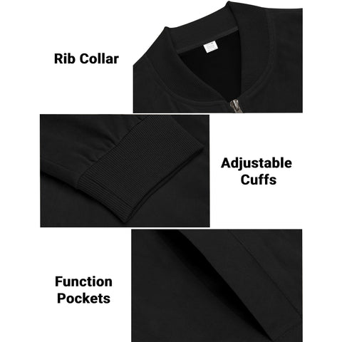 Men's Varsity Bomber Flight Jacket Breathable Windbreaker Zip Coat Faux Leather, Black, L