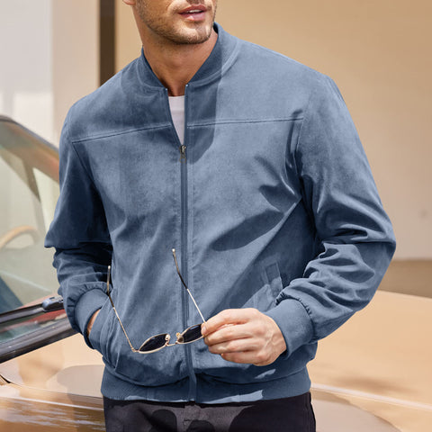 Men's Varsity Bomber Flight Jacket Breathable Windbreaker Zip Coat Faux Leather, Blue, L