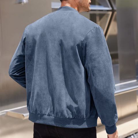 Men's Varsity Bomber Flight Jacket Breathable Windbreaker Zip Coat Faux Leather, Blue, L