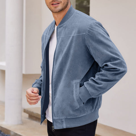 Men's Varsity Bomber Flight Jacket Breathable Windbreaker Zip Coat Faux Leather, Blue, L