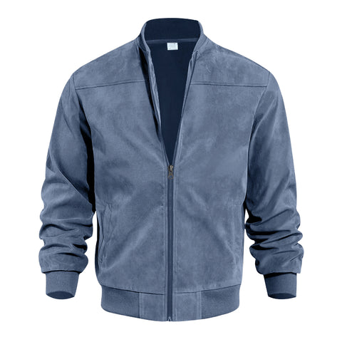 Men's Varsity Bomber Flight Jacket Breathable Windbreaker Zip Coat Faux Leather, Blue, L