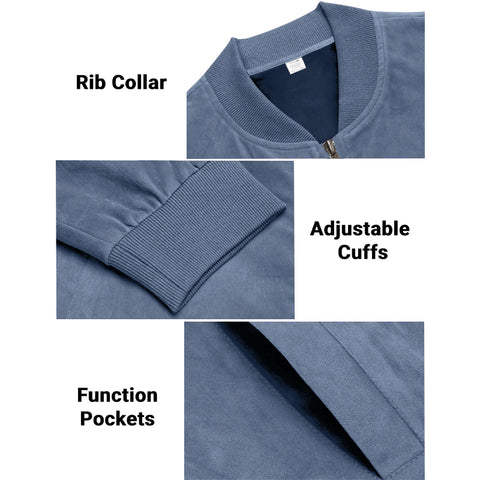 Men's Varsity Bomber Flight Jacket Breathable Windbreaker Zip Coat Faux Leather, Blue, L