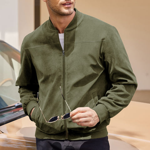 Men's Varsity Bomber Flight Jacket Breathable Windbreaker Zip Coat Faux Leather, Green, L