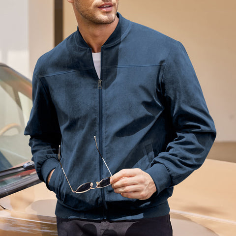 Men's Varsity Bomber Flight Jacket Breathable Windbreaker Zip Coat Faux Leather, Navy, L