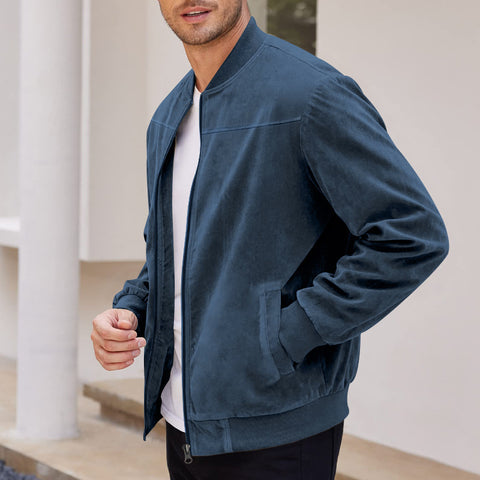 Men's Varsity Bomber Flight Jacket Breathable Windbreaker Zip Coat Faux Leather, Navy, L