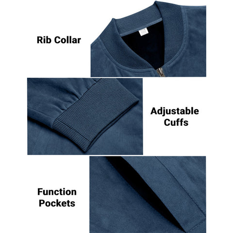 Men's Varsity Bomber Flight Jacket Breathable Windbreaker Zip Coat Faux Leather, Navy, L