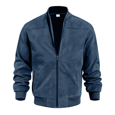 Men's Varsity Bomber Flight Jacket Breathable Windbreaker Zip Coat Faux Leather, Navy, L