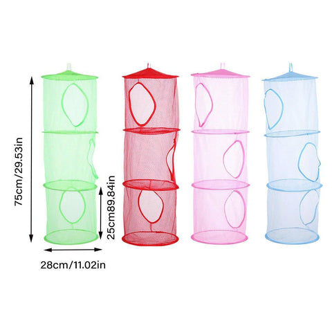 Foldable Clothes Drying Basket Three-layer Hanging Storage Breathable Organizer - Blue