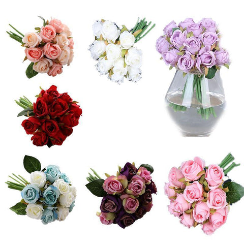 12 Heads Silk Rose Artificial Flowers Fake Bouquet - Champagne
