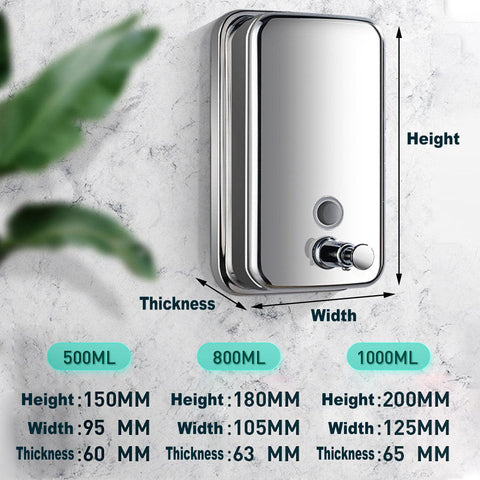 Stainless Steel Wall Mounted Soap Dispenser Hotel Bathroom Sanitizer Bottle - 800ML