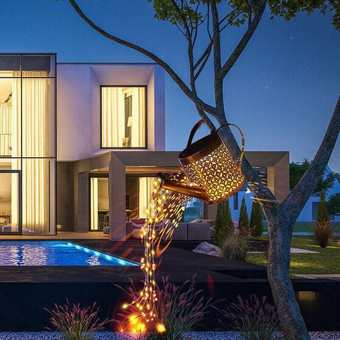 Solar Led Watering Can String Light Outdoor Garden Art Waterfall Lamp Decoration - Style A: Shower + Lamp