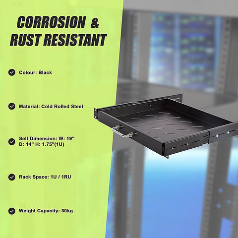 Sliding Rack Server Shelf 1U 19" 4 Post Mount – Adjustable 15" to 22" Rack Tray