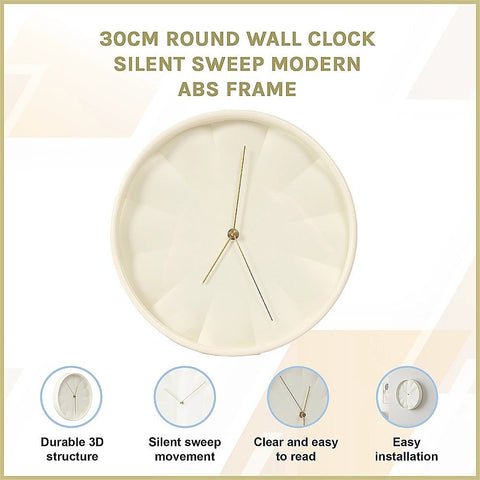 30cm Round Wall Clock Silent Sweep Modern ABS Frame