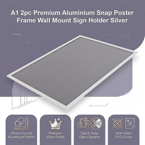 A1 2pc Aluminium Snap Poster Frame Wall Mount Sign Holder Silver