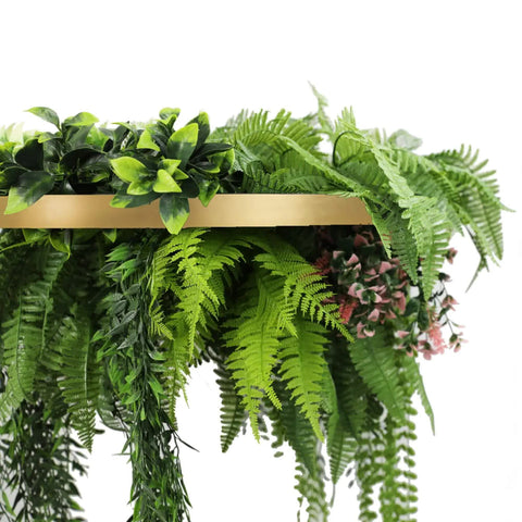 Gold Framed Roof Hanging Disc with Draping Life-Like Plants UV Resistant 60cm