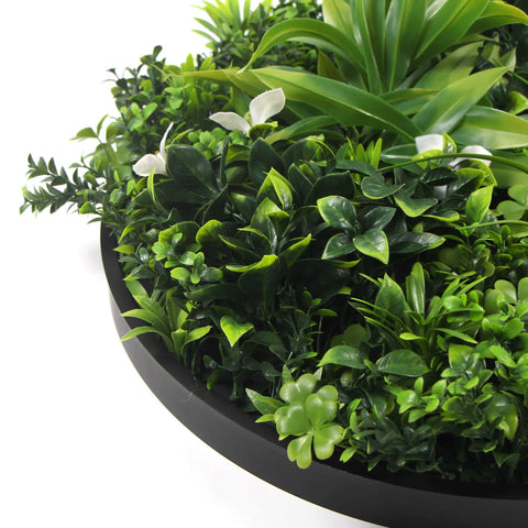 Slimline Flowering White Artificial Green Wall Disc UV Resistant 75cm (Black Frame)