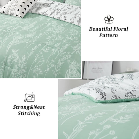 Floral Comforter Set, Queen/King Size, Green White Floral Pattern Reversible Bedding