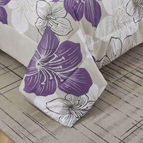 Floral Comforter Set, Queen/King Size, Purple Floral 3-Piece Bedding, Lightweight Microfiber