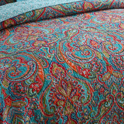 Blue Teal Boho Print Bedspread Quilt Set + Pillowcases